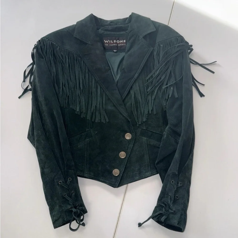Vintage 90s Wilson Leather Womens fringe Suede Emerald Forest Green Jacket S - Picture 6 of 12